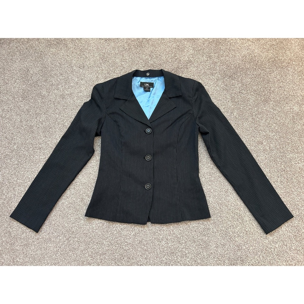 90s I.N. San Francisco Pinstripe Blazer Womens 9 Black Excellent 3-Button Jacket